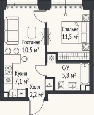 Планировка: 2-к, 37,1 м²