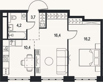 Планировка: 2-к, 50,9 м²
