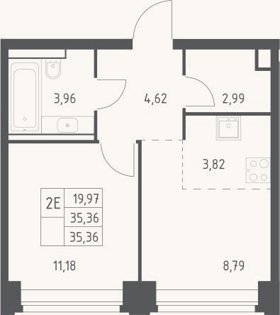 Планировка: 2-к, 35,4 м²