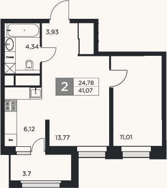 Планировка: 2-к, 39,2 м²
