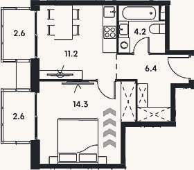 Планировка: 1-к, 36,1 м²