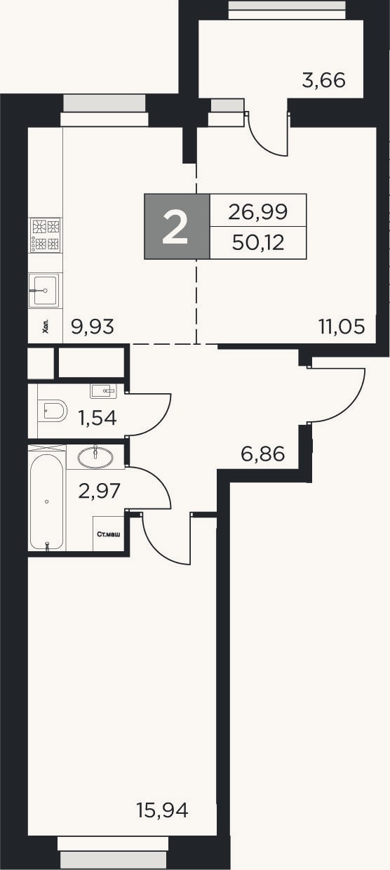 Планировка: 2-к, 48,3 м²