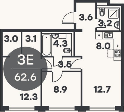 Планировка: 3-к, 62,6 м²