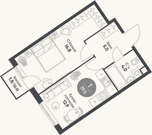 Планировка: 1-к, 38,7 м²