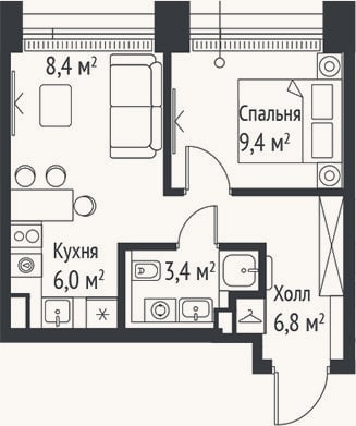 Планировка: 2-к, 34 м²