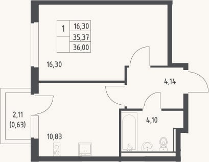 Планировка: 1-к, 35,4 м²