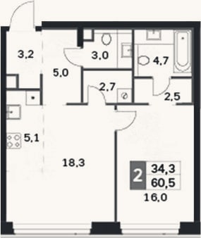 Планировка: 2-к, 60,5 м²