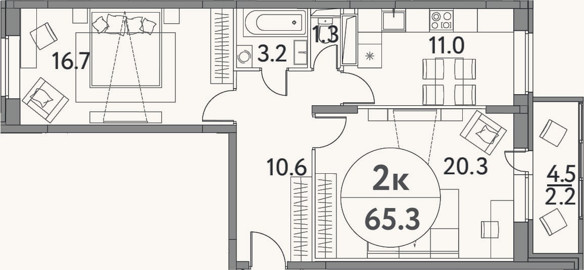 Планировка: 2-к, 63,1 м²
