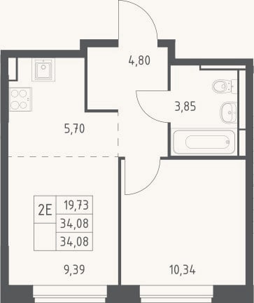 Планировка: 2-к, 34,1 м²