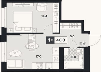 Планировка: 1-к, 42,1 м²