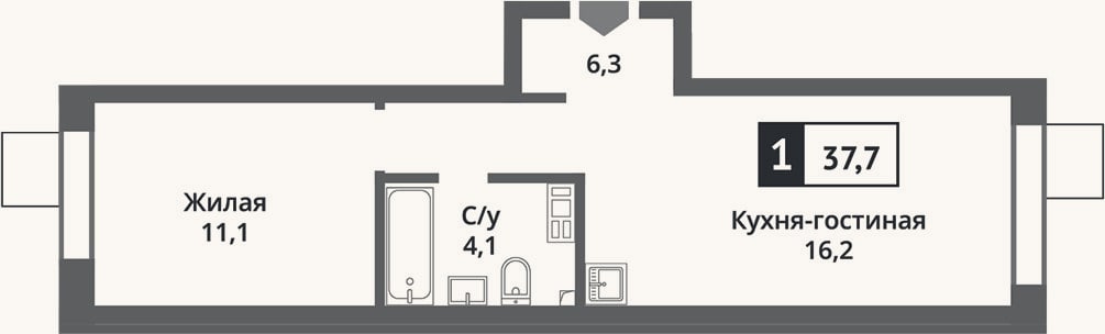 Планировка: 2-к, 37,7 м²