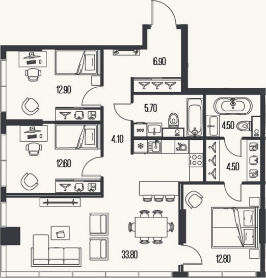 Планировка: 3-к, 97,8 м²