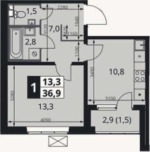 Планировка: 1-к, 35,4 м²