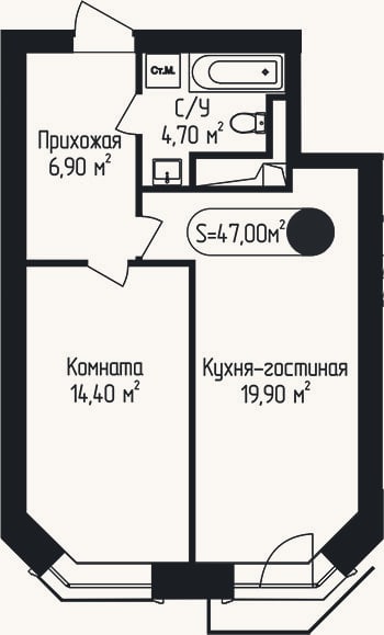 Планировка: 1-к, 47 м²