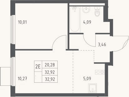 Планировка: 2-к, 32,9 м²