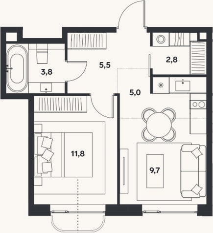 Планировка: 2-к, 38,6 м²