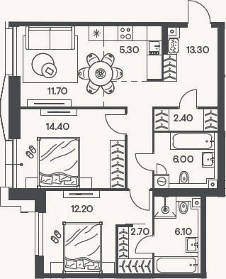 Планировка: 3-к, 74,1 м²