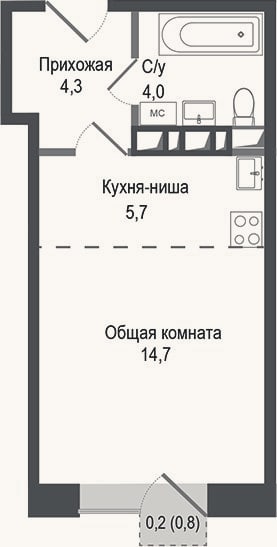 Планировка: Студия, 28,7 м²