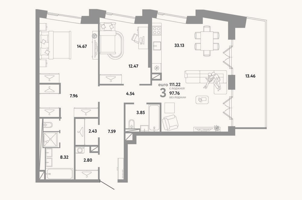 Планировка: 3-к, 97,8 м²