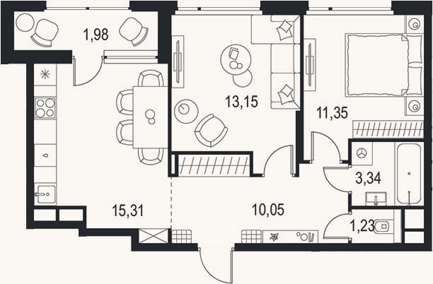 Планировка: 2-к, 54,4 м²