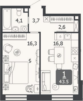 Планировка: 2-к, 43,5 м²