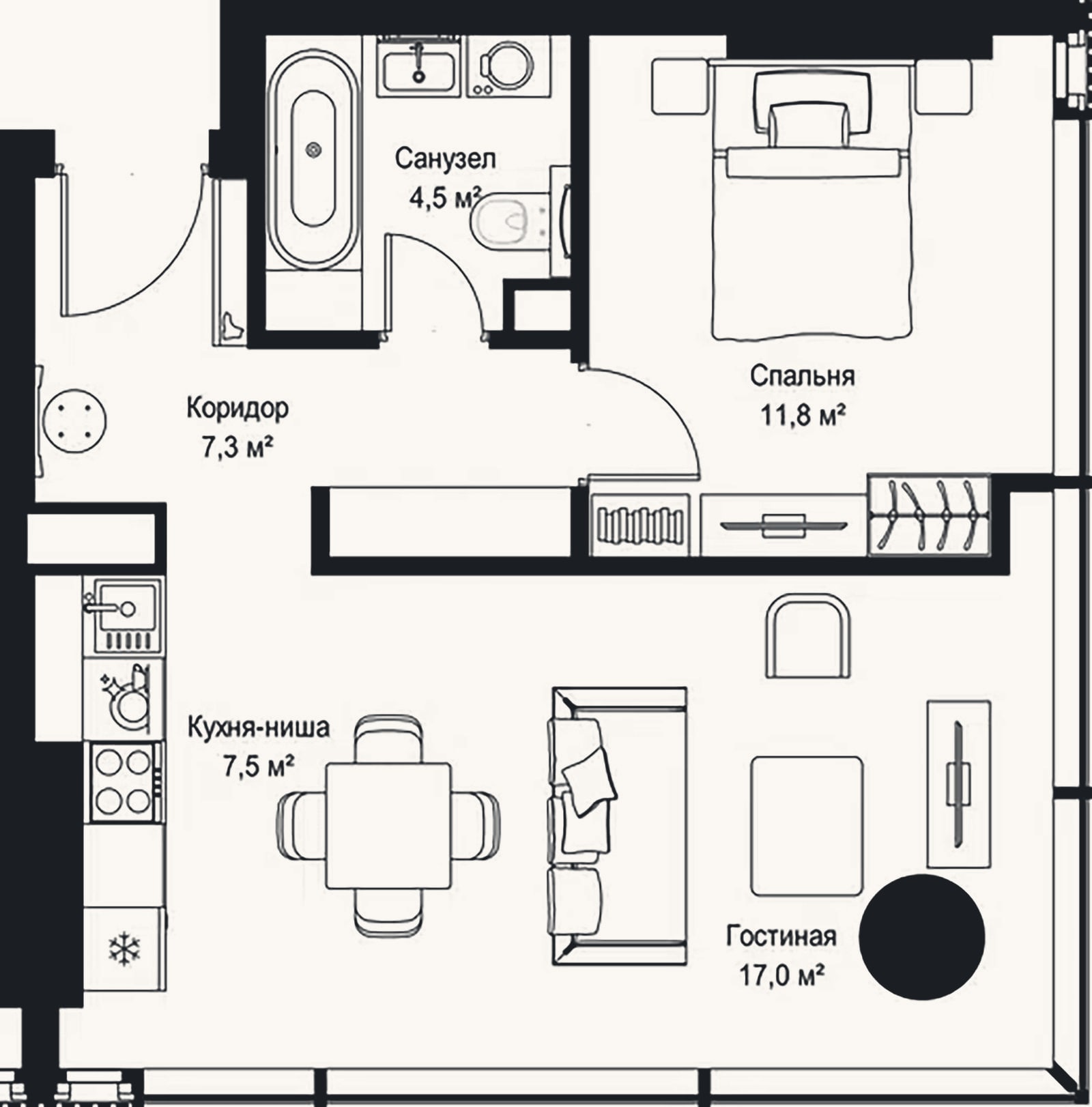 Планировка: 2-к, 48,1 м²