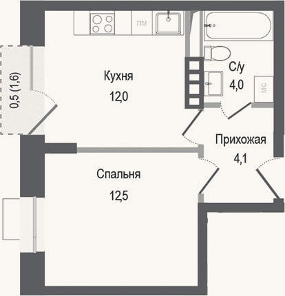 Планировка: 1-к, 32,6 м²