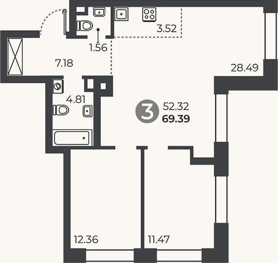 Планировка: 2-к, 69,4 м²