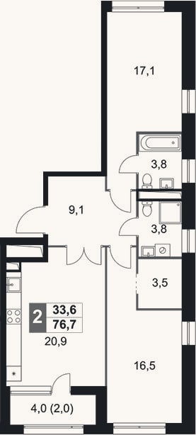 Планировка: 3-к, 74,7 м²