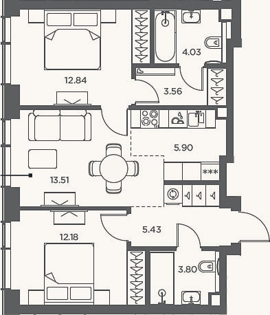Планировка: 3-к, 61,3 м²