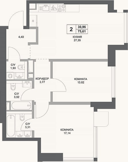 Планировка: 2-к, 75,6 м²
