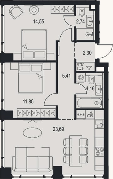 Планировка: 3-к, 64,7 м²