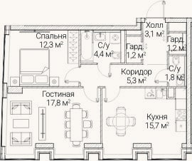 Планировка: 2-к, 62,8 м²