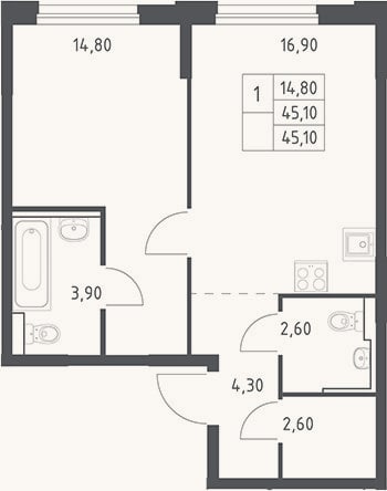 Планировка: 2-к, 45,1 м²
