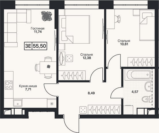 Планировка: 3-к, 55,5 м²