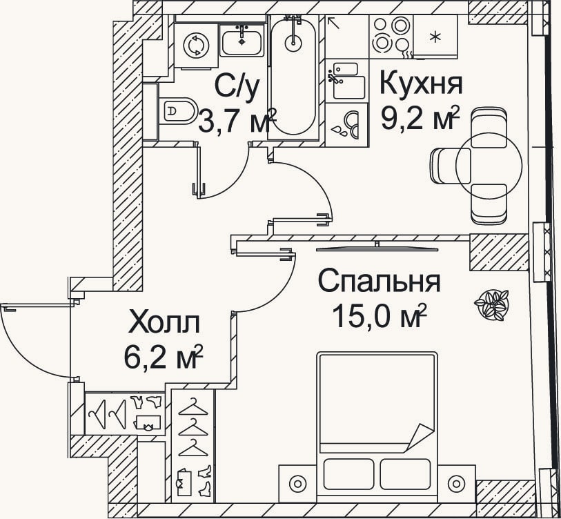 Планировка: 1-к, 34,9 м²