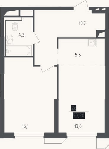 Планировка: 2-к, 50,2 м²