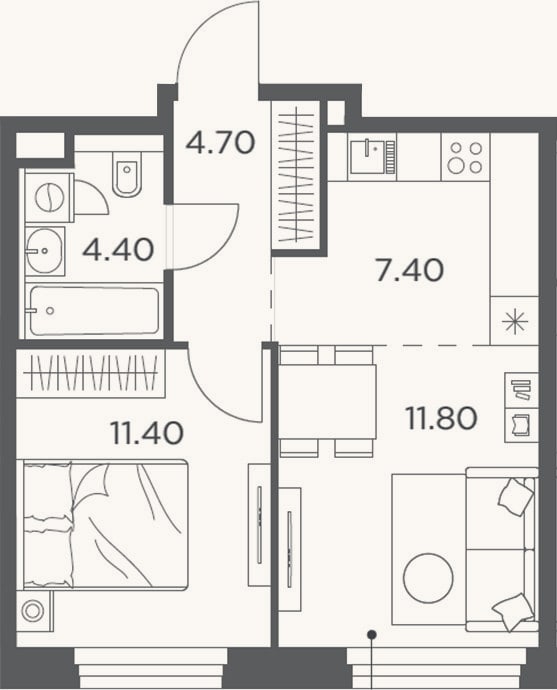 Планировка: 2-к, 39,7 м²