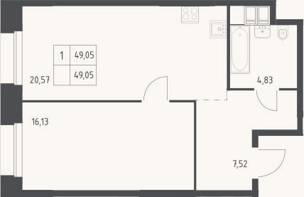 Планировка: 1-к, 49,1 м²