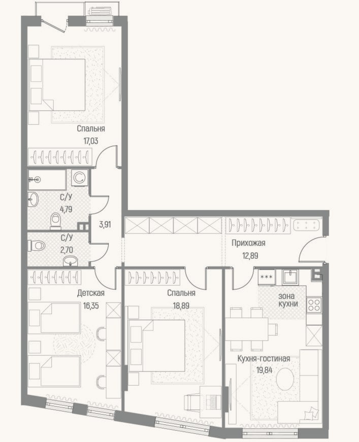 Планировка: 3-к, 96,2 м²