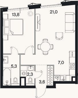 Планировка: 2-к, 53 м²
