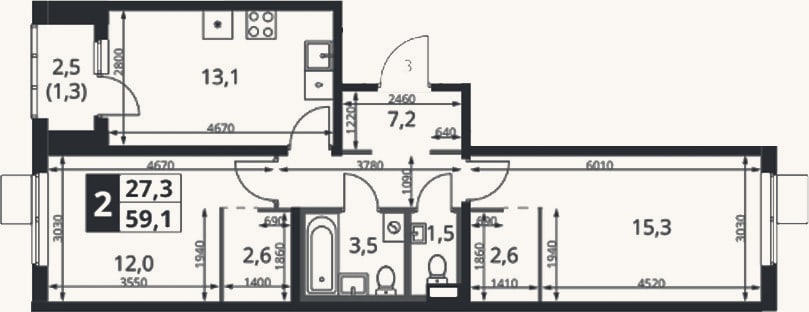 Планировка: 2-к, 57,8 м²