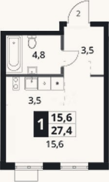 Планировка: Студия, 27,4 м²