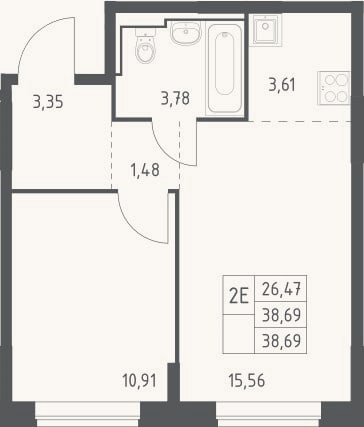 Планировка: 2-к, 38,7 м²