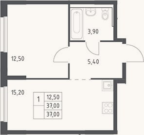 Планировка: 2-к, 37 м²