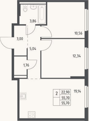 Планировка: 3-к, 55,7 м²