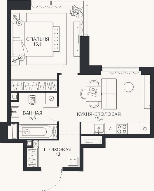Планировка: 1-к, 40,2 м²