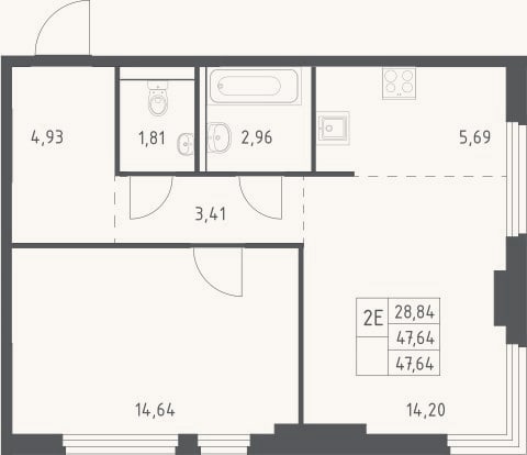 Планировка: 2-к, 47,6 м²