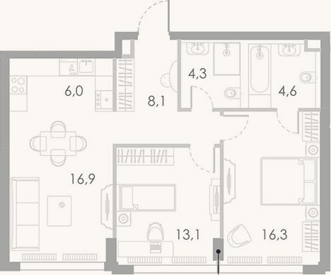Планировка: 3-к, 69,3 м²