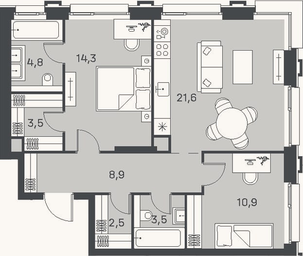 Планировка: 3-к, 70 м²